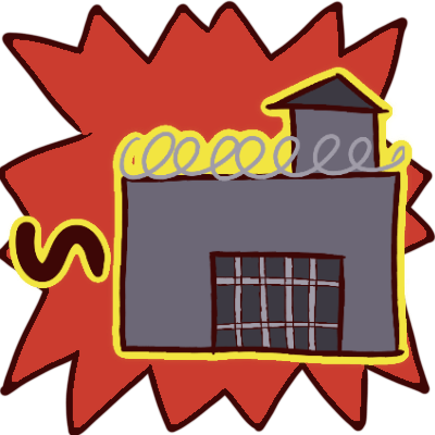 a prison with a tilde to its left, both outlined in yellow. behind them is a spiky big red-orange shape.